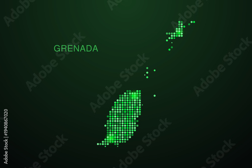 Grenada Map - Digital dotted map with glowing green points on dark background, modern technology style, abstract data network design, clean minimal geometric vector illustration.