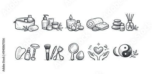 Wellness and spa linear icon set. relaxation, zen, beauty, aromatherapy, skincare icons