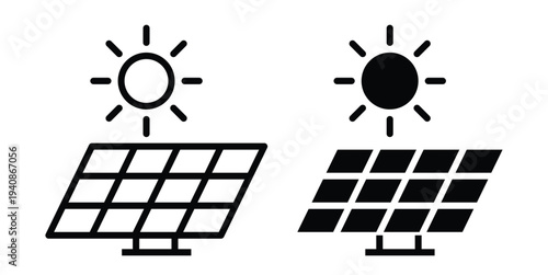 Solar Energy Icons Showing Sunlight Effect on Photovoltaic Panels