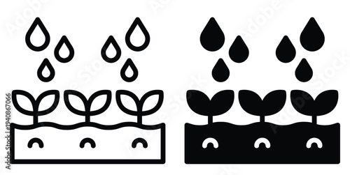 Black and White Illustration of Watering Plants with Raindrops Icon