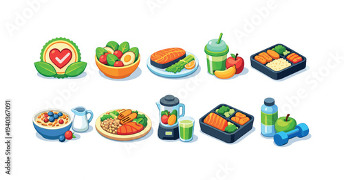 Healthy meal 3d icon set: balanced nutrition, fitness, and wellness illustrations