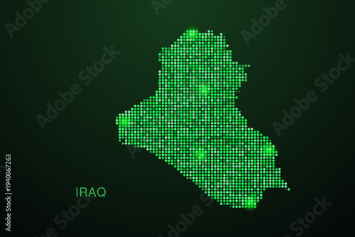 Iraq Map - Digital dotted map with glowing green points on dark background, modern technology style, abstract data network design, clean minimal geometric vector illustration.