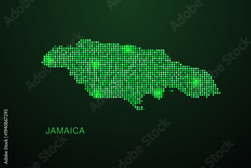 Jamaica Map - Digital dotted map with glowing green points on dark background, modern technology style, abstract data network design, clean minimal geometric vector illustration.