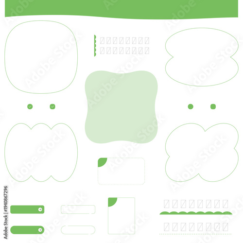 ナチュラルなWebデザイン用UIフレームと装飾パーツセット 有機形状の見出しフレーム・ボタン・区切り線ベクター素材。オーガニックな印象の緑色フレームと吹き出し・見出しのセット。Web装飾フレームとUIパーツ。