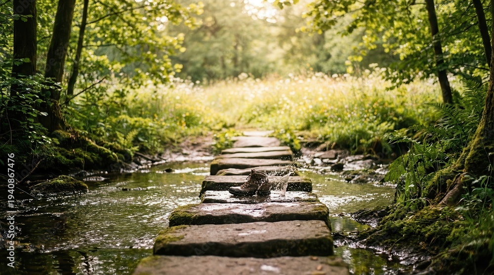 Obraz premium Stepping stones across shallow stream in forest, nature pathway, serene environment, green trees