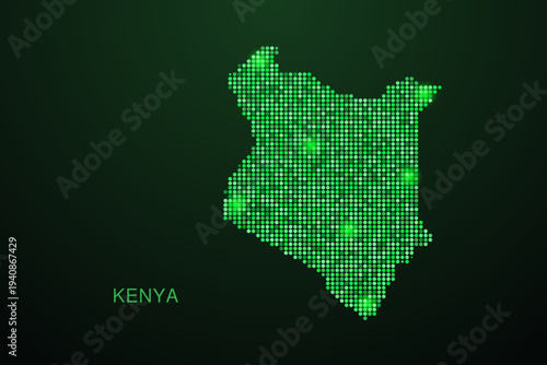 Kenya Map - Digital dotted map with glowing green points on dark background, modern technology style, abstract data network design, clean minimal geometric vector illustration.