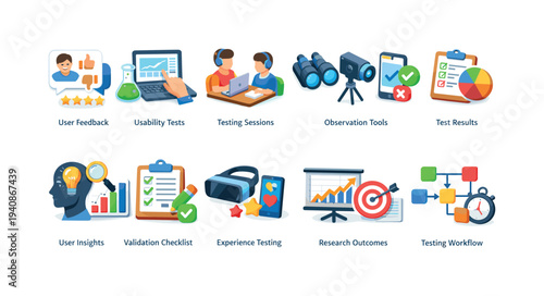 Usability testing flat icon set. feedback, validation, research insight icons collection