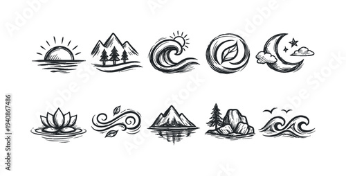 Nature and adventure hand-drawn icon set. wilderness sketch icons collection