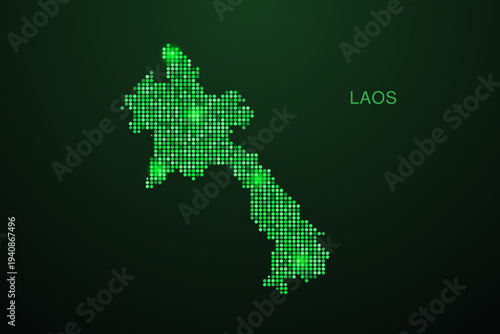 Laos Map - Digital dotted map with glowing green points on dark background, modern technology style, abstract data network design, clean minimal geometric vector illustration.