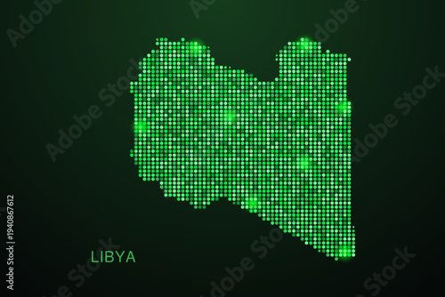 Libya Map - Digital dotted map with glowing green points on dark background, modern technology style, abstract data network design, clean minimal geometric vector illustration.