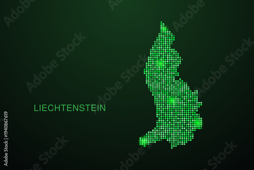 Liechtenstein Map - Digital dotted map with glowing green points on dark background, modern technology style, abstract data network design, clean minimal geometric vector illustration.