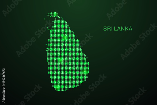 Sri Lanka Map - Digital dotted map with glowing green points on dark background, modern technology style, abstract data network design, clean minimal geometric vector illustration.