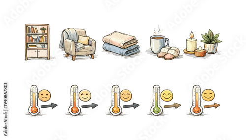 Cozy home, hygge line icon set. comfort, relaxation, warmth line illustrations collection