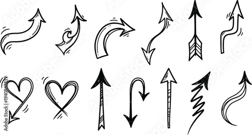 A collection of hand drawn arrows and heart symbols in black ink