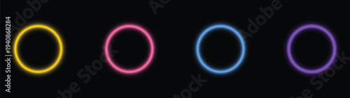 A striking row of four vibrant neon rings glows intensely in a dark digital space