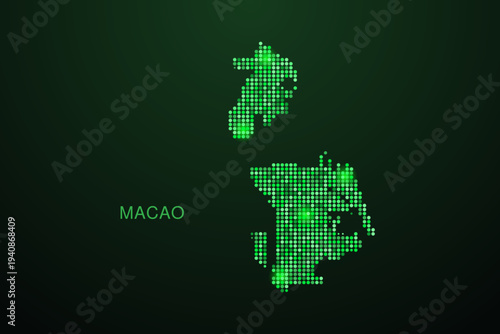 Macao Map - Digital dotted map with glowing green points on dark background, modern technology style, abstract data network design, clean minimal geometric vector illustration.