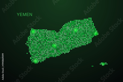Yemen Map - Digital dotted map with glowing green points on dark background, modern technology style, abstract data network design, clean minimal geometric vector illustration.