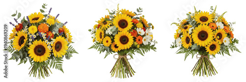 Summer sunflower mix bouquet isolated on white background, Helianthus annuus, yellow sunflowers, cut flower bouquet, florist arrangement, summer floral bouquet, rustic bouquet, florist photography