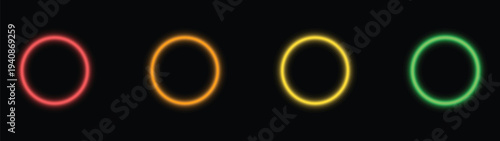 Four luminous neon rings in red, orange, yellow, and green glow brightly on a black background
