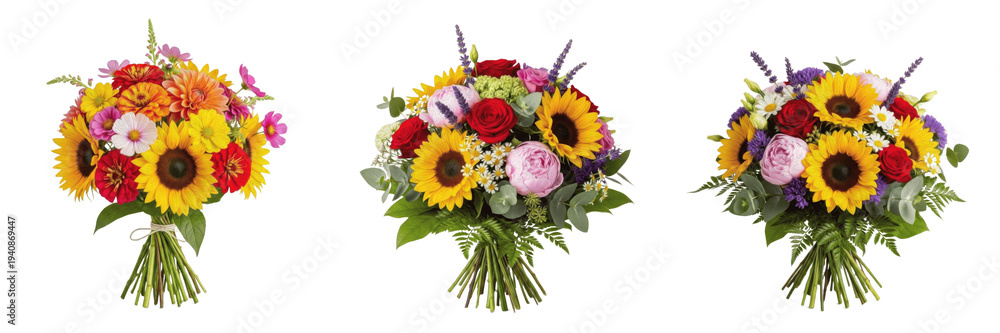 Obraz premium Bright summer blooms bouquet isolated on white background, sunflowers, gerberas, marigolds, tulips, vibrant seasonal bouquet, cut flower arrangement, florist photography