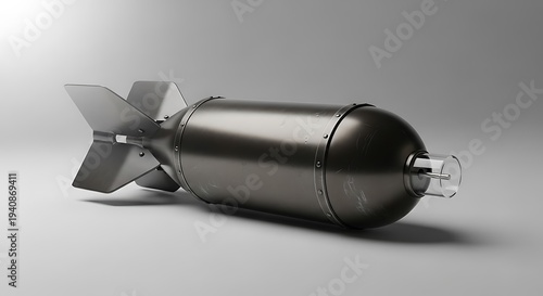 Realistic 3d render of metallic bomb lying on gray surface, showcasing detailed construction and reflective material