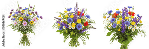 Seasonal wildflowers bouquet isolated on white background, daisies, cornflowers, poppies, mixed meadow bouquet, rustic floral arrangement, cut flower bouquet, florist photography