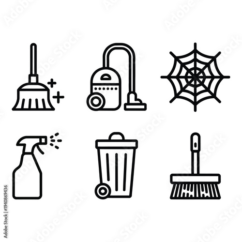 A comprehensive set of household cleaning equipment icons for sanitation and maintenance tasks