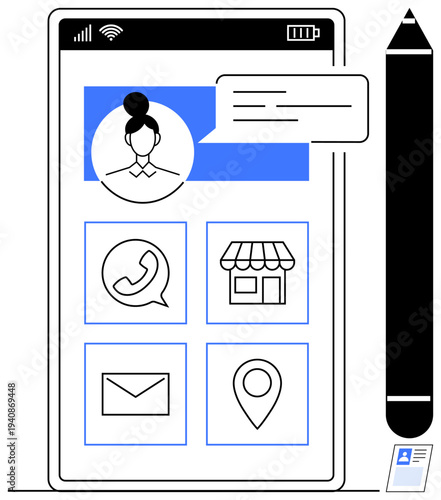 Mobile interface. Mobile user interface shows messaging, location, and communication icons. Mobile solutions for connectivity, communication, and app functionality. For technology apps, navigation