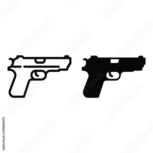Collection of Minimalist Pistol Handgun Outline and Solid Silhouette Weapon Icons