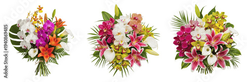 Cuadro en lienzo Exotic orchids and lilies bouquet isolated on white background, Orchidaceae spp,