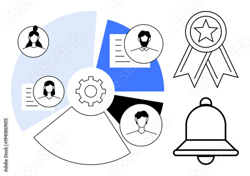 Team management, workflow optimization, notifications, achievement recognition, data analysis, collaboration. Pie chart, icons of people notifications and award ribbon. Team management and workflow
