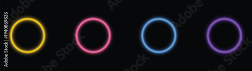 Four radiant neon light circles shimmer brightly on a deep black canvas with vivid colors