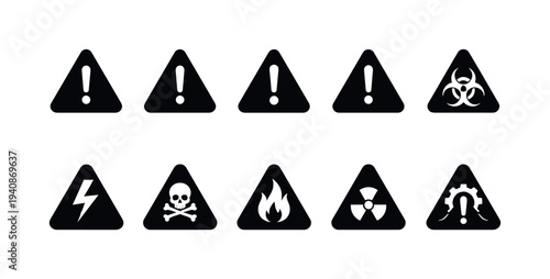 Warning and hazard silhouette icon set for safety and emergency signs