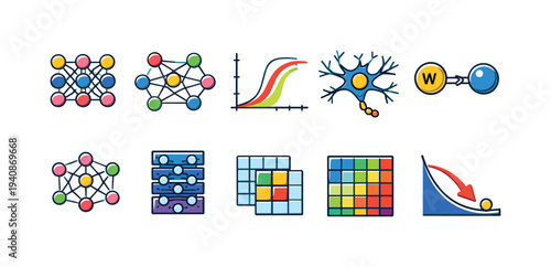 Ai and data science icon set. neural networks and algorithms flat collection