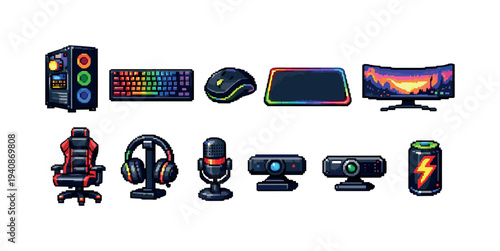 Gaming equipment icon set. gadgets, technology, computer accessories, devices - filled