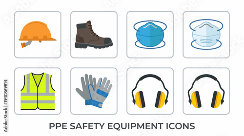 PPE safety equipment icon grid with helmet gloves masks vest and ear defenders