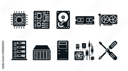 Technology hardware filled icon set featuring computer components and gadgets
