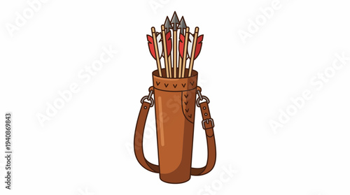 Brown quiver full of arrows with strap in flat cartoon style