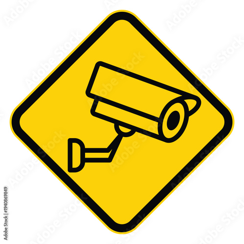 Yellow Warning Sign Featuring CCTV Security Camera Icon Design