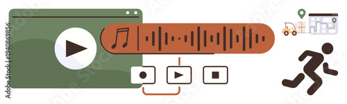 Digital media, audio streaming, navigation tools, logistics, multimedia, app interfaces. Visual of playback controls, sound waves a runner and a delivery map. Focus on digital media and logistics