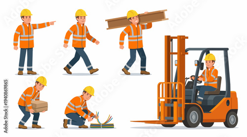 Construction worker pose set with forklift operator lifting and carrying tasks