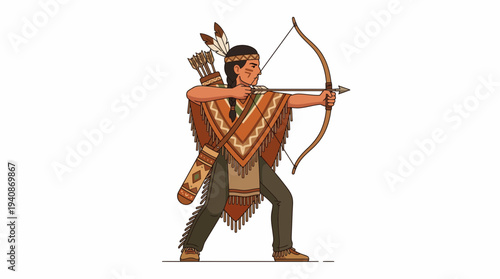 Indigenous archer character aiming bow in flat vector style