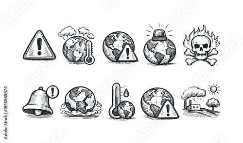 Climate change warning icon set. environmental protection and hazard line icons.