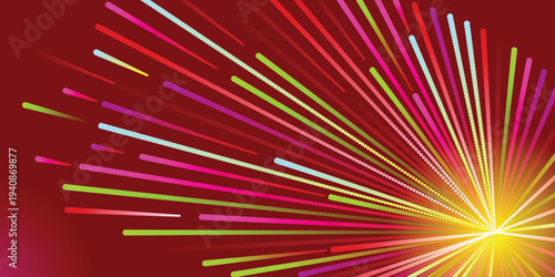 Abstract colorful glowing dotted lines bursting on red background