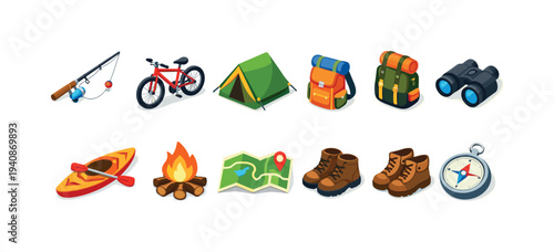 Camping and outdoor activities icon set. adventure, equipment, flat style icons collection