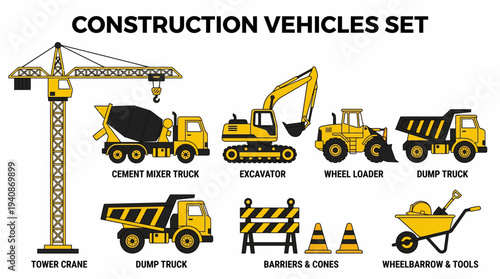 Construction vehicle set with crane mixer excavator loader and road barriers