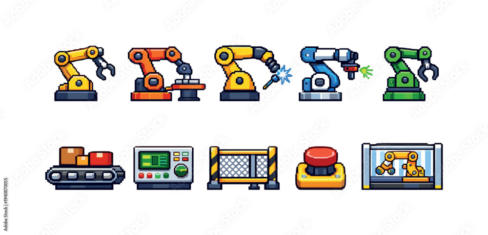Obraz premium Industrial automation flat icon set. robotics, machinery, control system icons collection