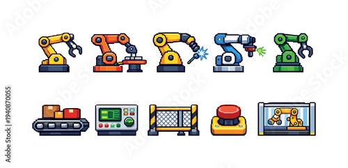 Industrial automation flat icon set. robotics, machinery, control system icons collection