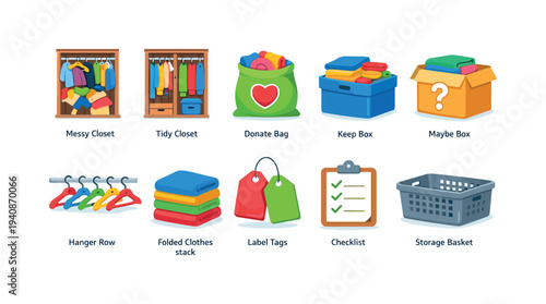 Home decluttering icon set. 3d closet organization and storage icons collection