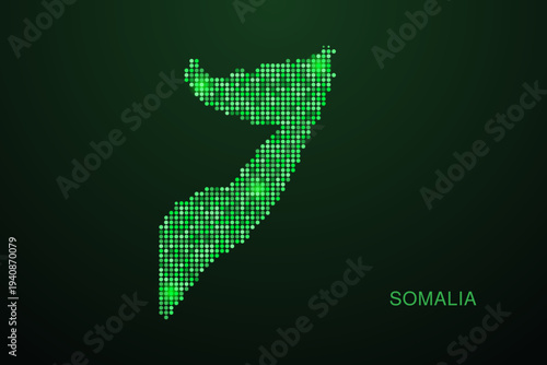 Somalia Map - Digital dotted map with glowing green points on dark background, modern technology style, abstract data network design, clean minimal geometric vector illustration.